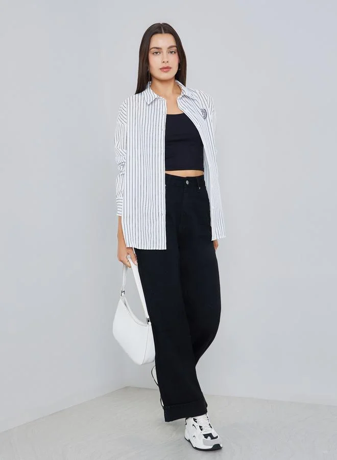 Styli Women Striped Embroidered Oversized Shirt